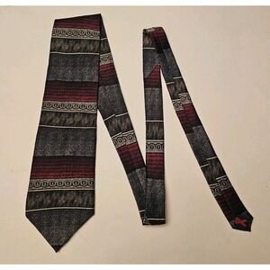 We Care Mens Silk Tie Red Black Grey White Striped Geometric Classic 3.75x56